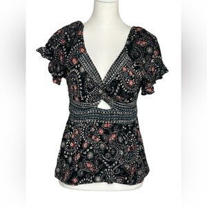 Mi ami twist front Blouse keyhole cutout ditsy print sz L boho Y2K girlhood core